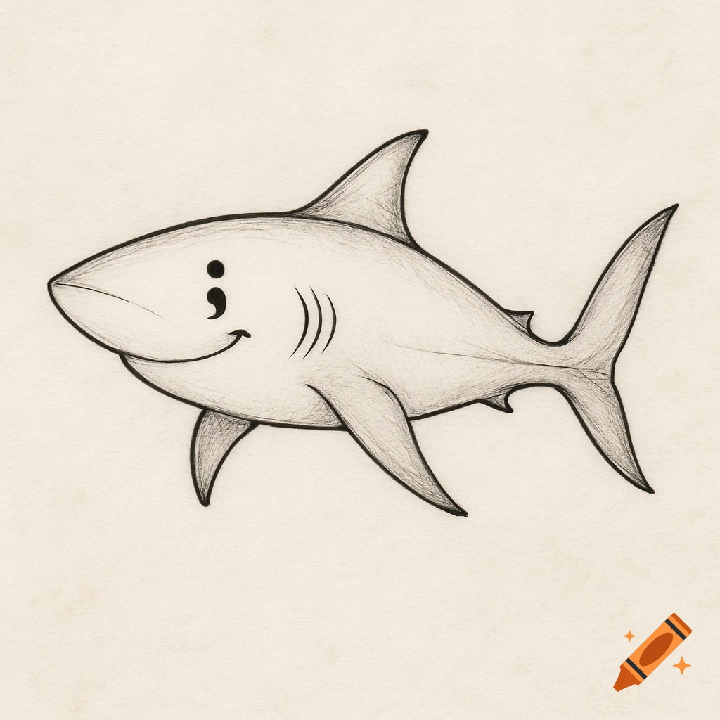A pencil sketch of a smiling cartoon shark with a semicolon for an eye.