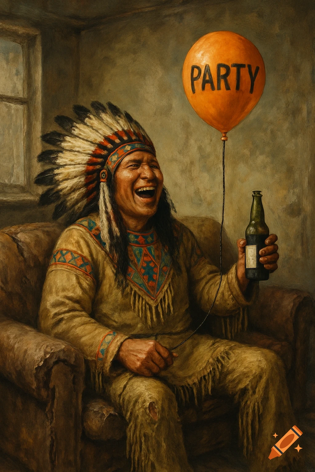 A laughing Indigenous man in traditional clothing sits on an old couch, holding a beer bottle and an orange balloon that says 'PARTY'. Painterly style.