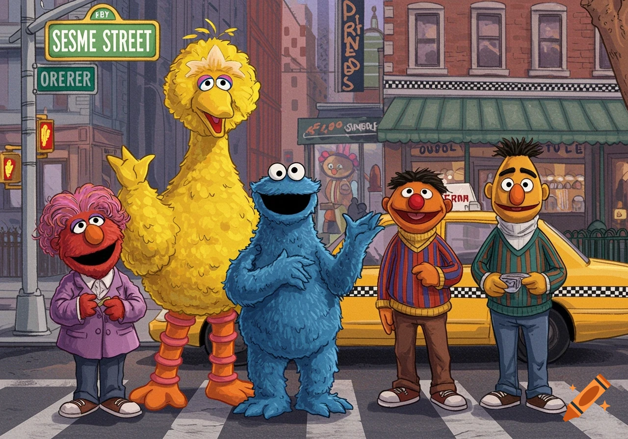 Muppet characters Elmo, Big Bird, Cookie Monster, Bert, and Ernie standing on a street crossing in a cartoon city scene.