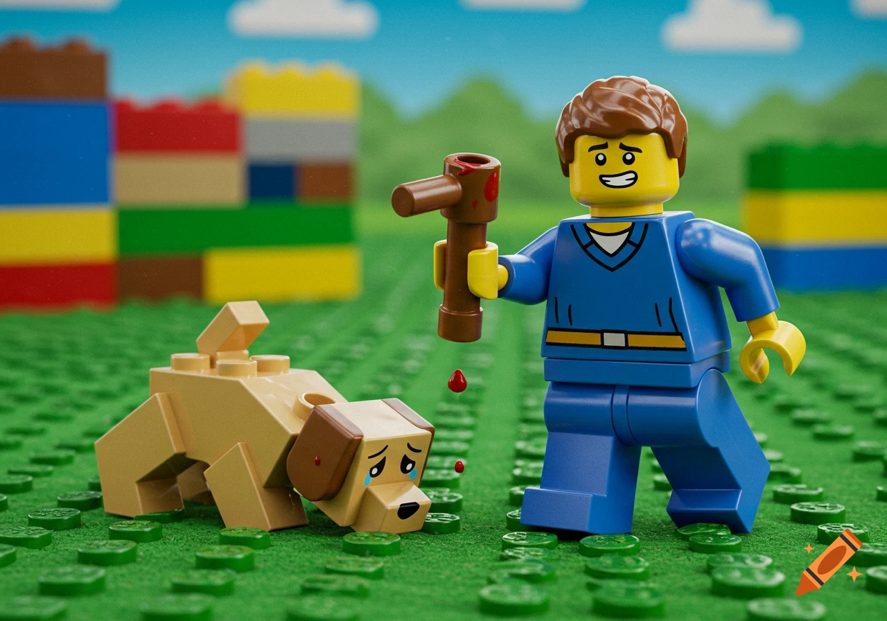 Lego man with bloody hammer stands over a crying Lego dog on a green ...