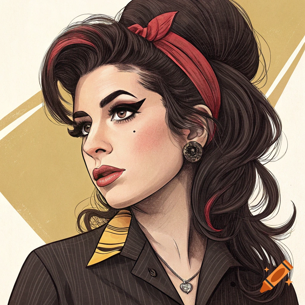 Stylized illustration of Amy Winehouse with a beehive hairstyle, red headscarf, and winged eyeliner, looking to the side.