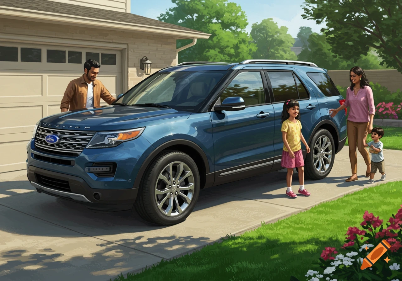 An illustrative image of a family, with a man, woman, and two children, standing next to a blue SUV in a suburban driveway.