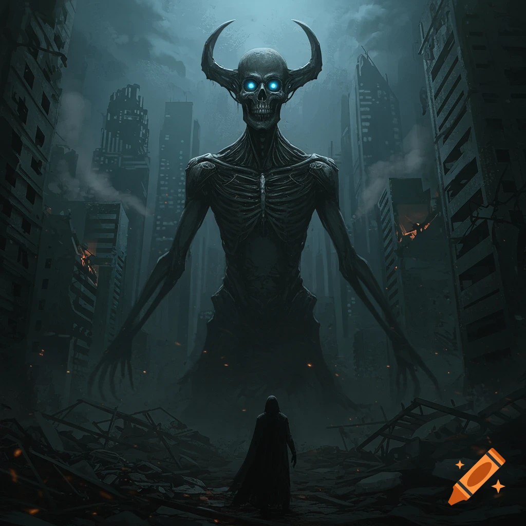 A towering skeletal creature with glowing blue eyes and horns stands over a cloaked figure in a ruined, dark city under a murky sky, with debris and fires.