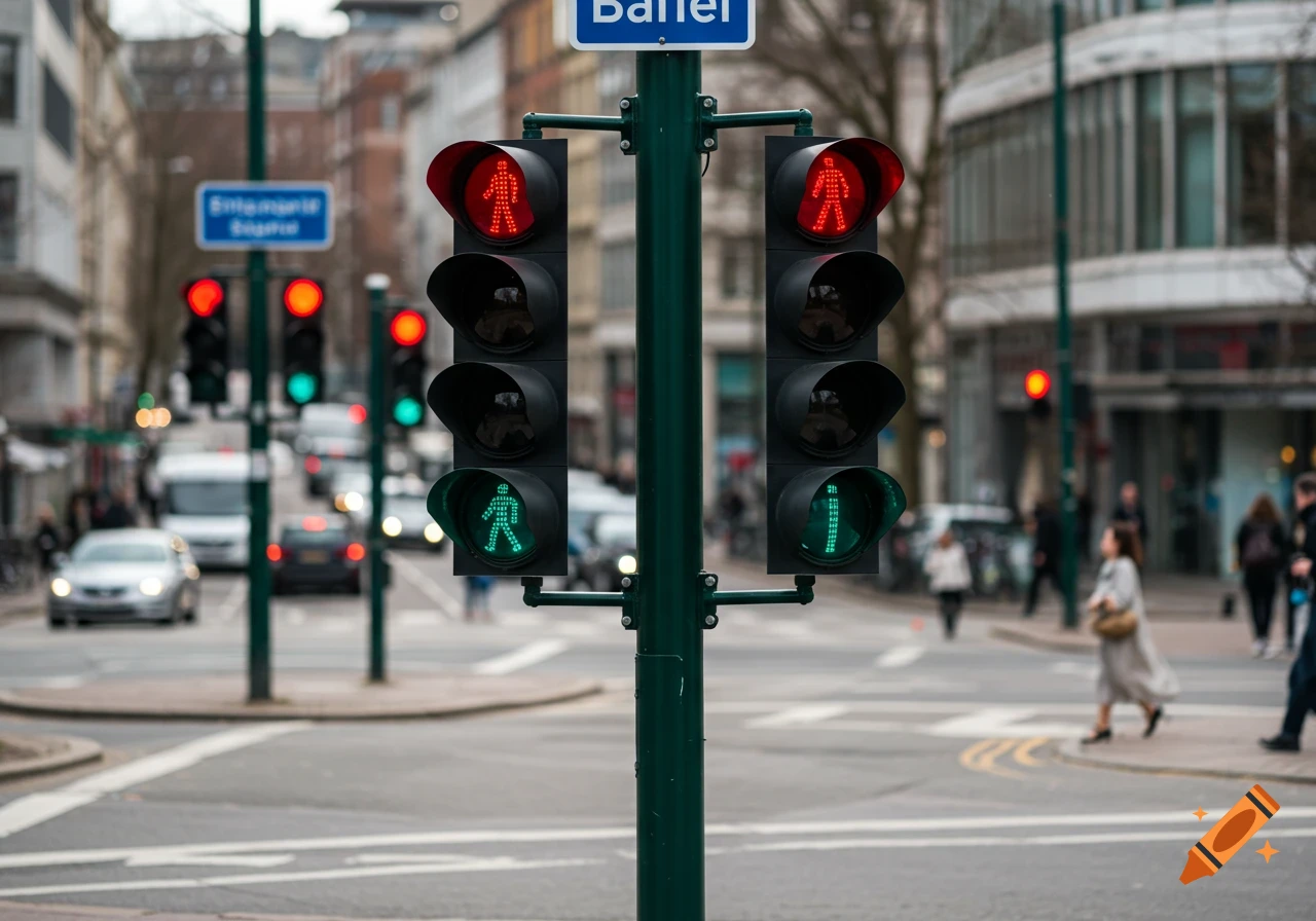 A street scene with multiple red and green traffic lights and pedestrian signals, cars on the road, and blurred buildings in the background.