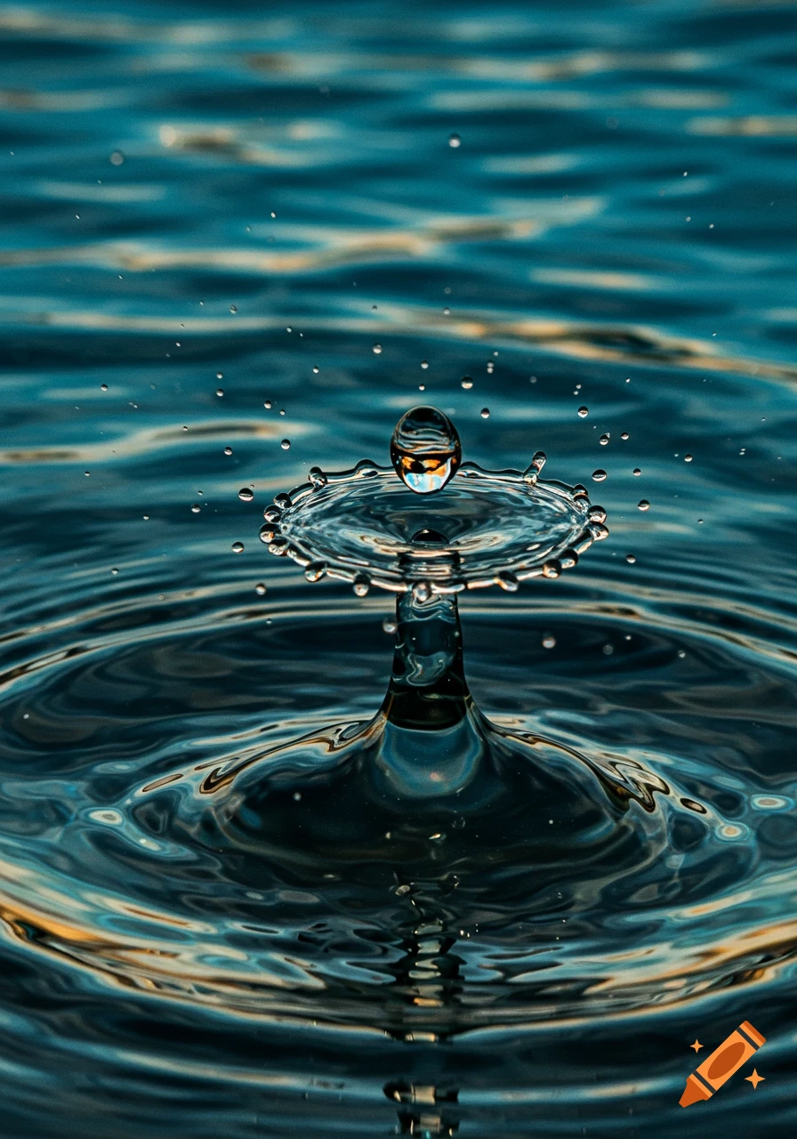 A detailed macro shot of a single water drop hitting a teal-colored water surface, creating a symmetrical splash and ripples.
