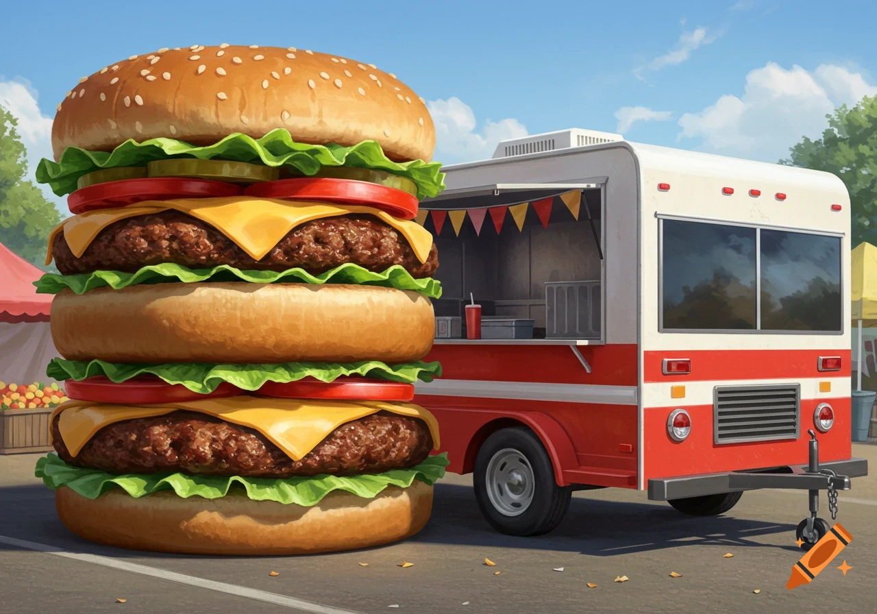 A gigantic burger stands beside a red and white food trailer at an outdoor market under a clear blue sky.