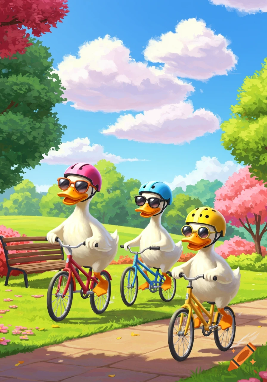 Three happy cartoon ducks wearing helmets and sunglasses ride bicycles on a path in a vibrant park.