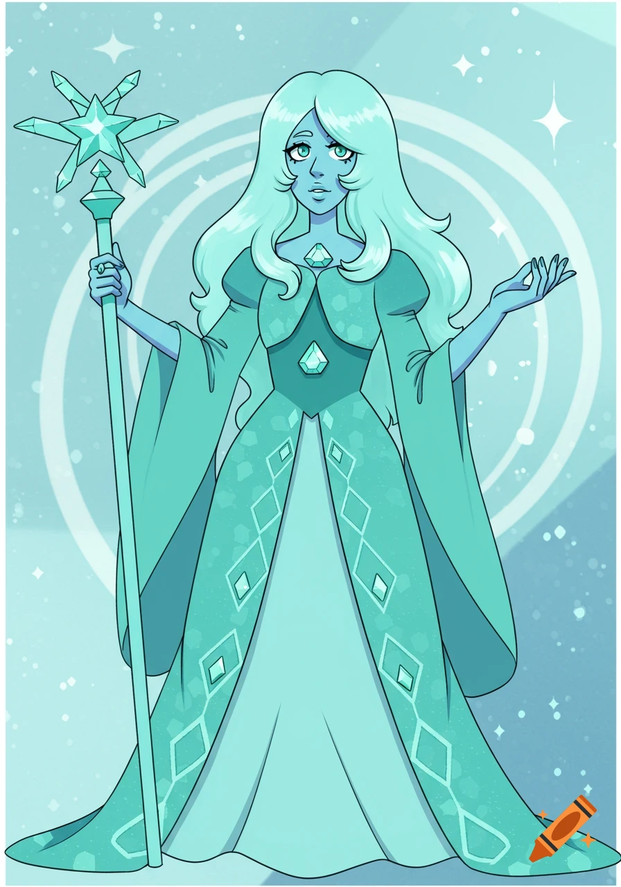 A full body cartoon drawing of a mint blue diamond character from Steven Universe, holding a star-topped staff.