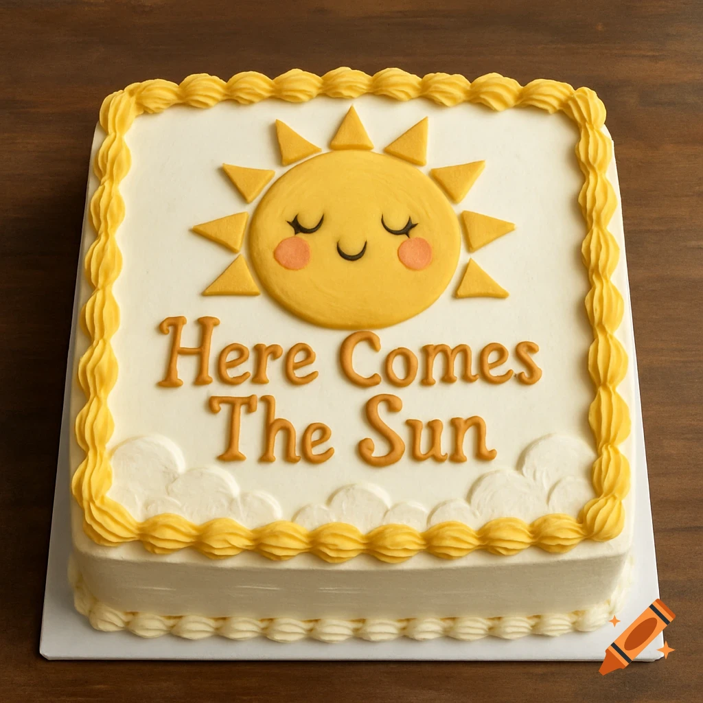 A square white and yellow baby shower cake decorated with a smiling sun and the words 'Here Comes The Sun'.