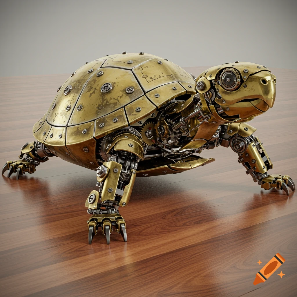A photorealistic image of a brass and metal mechanical turtle on a wooden floor.