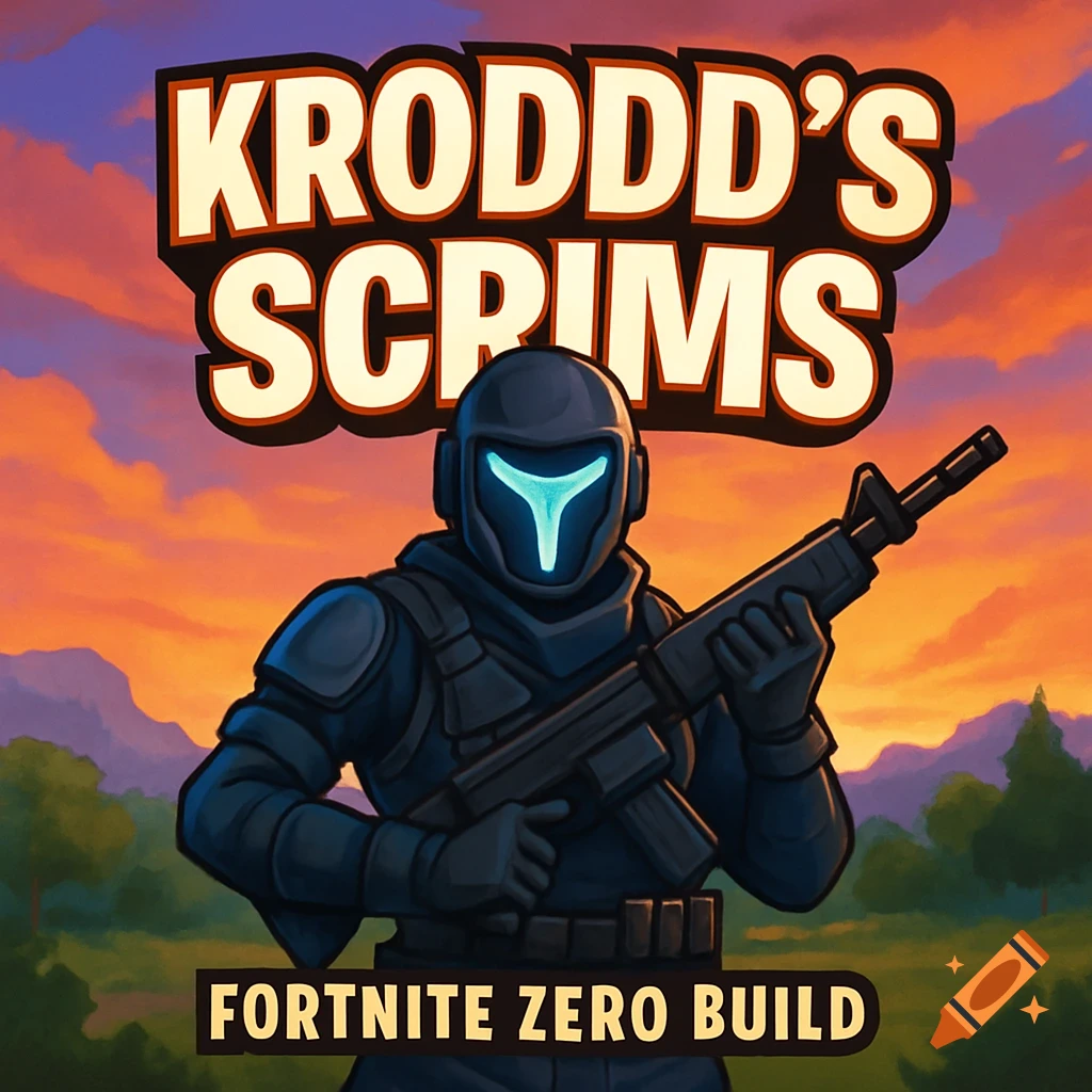 Stylized armored character with a glowing blue visor holding a rifle, against an orange sunset background. Text reads 'KRODDD'S SCRIMS' and 'FORTNITE ZERO BUILD'.