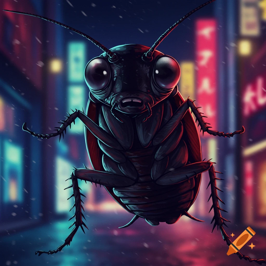 A large, stylized cockroach with big eyes stands in a neon-lit cyber-punk city at night, in an anime art style.