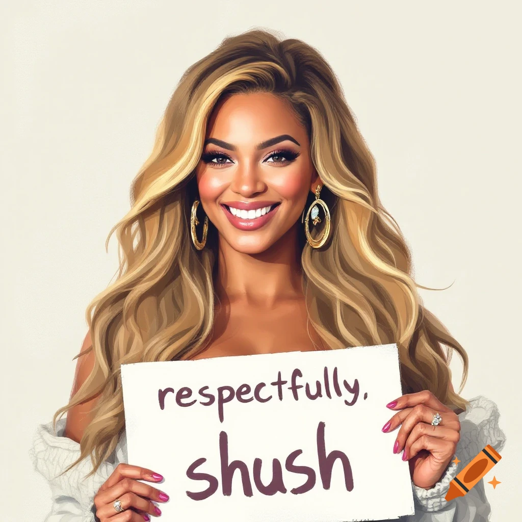 A smiling woman with long blonde hair resembling Beyonce, holding a sign that says "respectfully, shush."