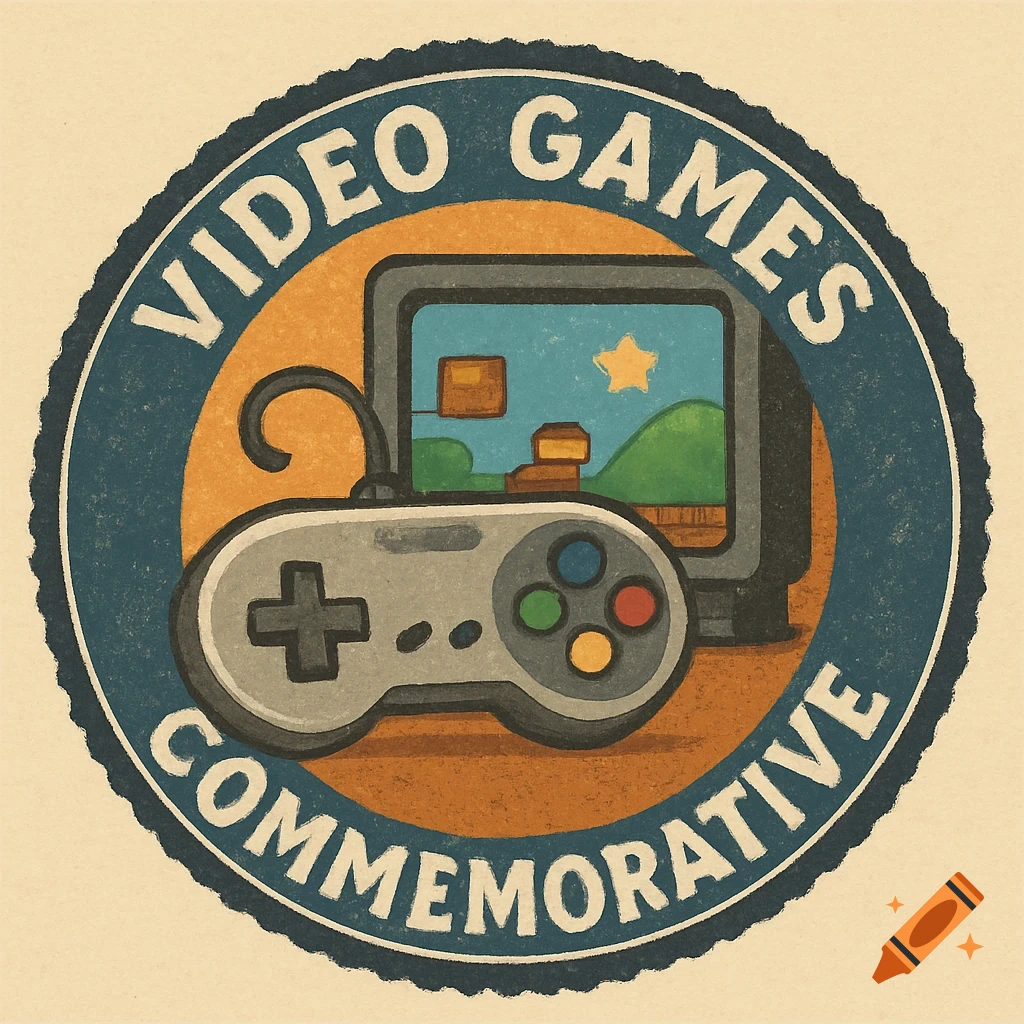 A round, vintage-style stamp illustration featuring a classic video game controller and a screen showing a pixelated landscape with the text "VIDEO GAMES COMMEMORATIVE".
