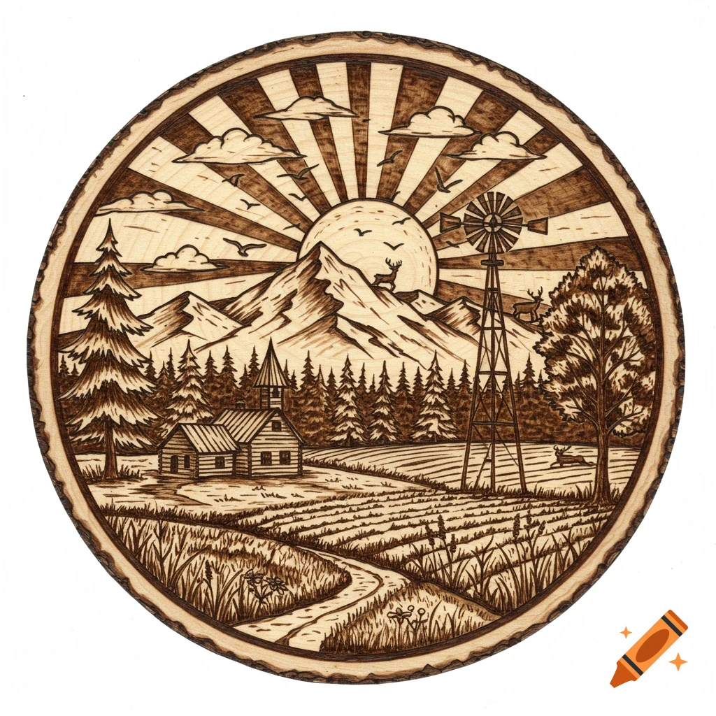A circular wood burning art piece depicting a rustic mountain landscape with a homestead, windmill, forest, fields, deer, and a sun with rays.