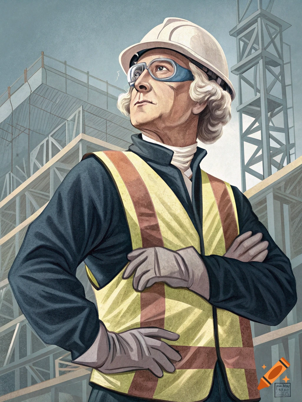 Illustration of George Washington in a hard hat, safety vest, and goggles, standing on a construction site.