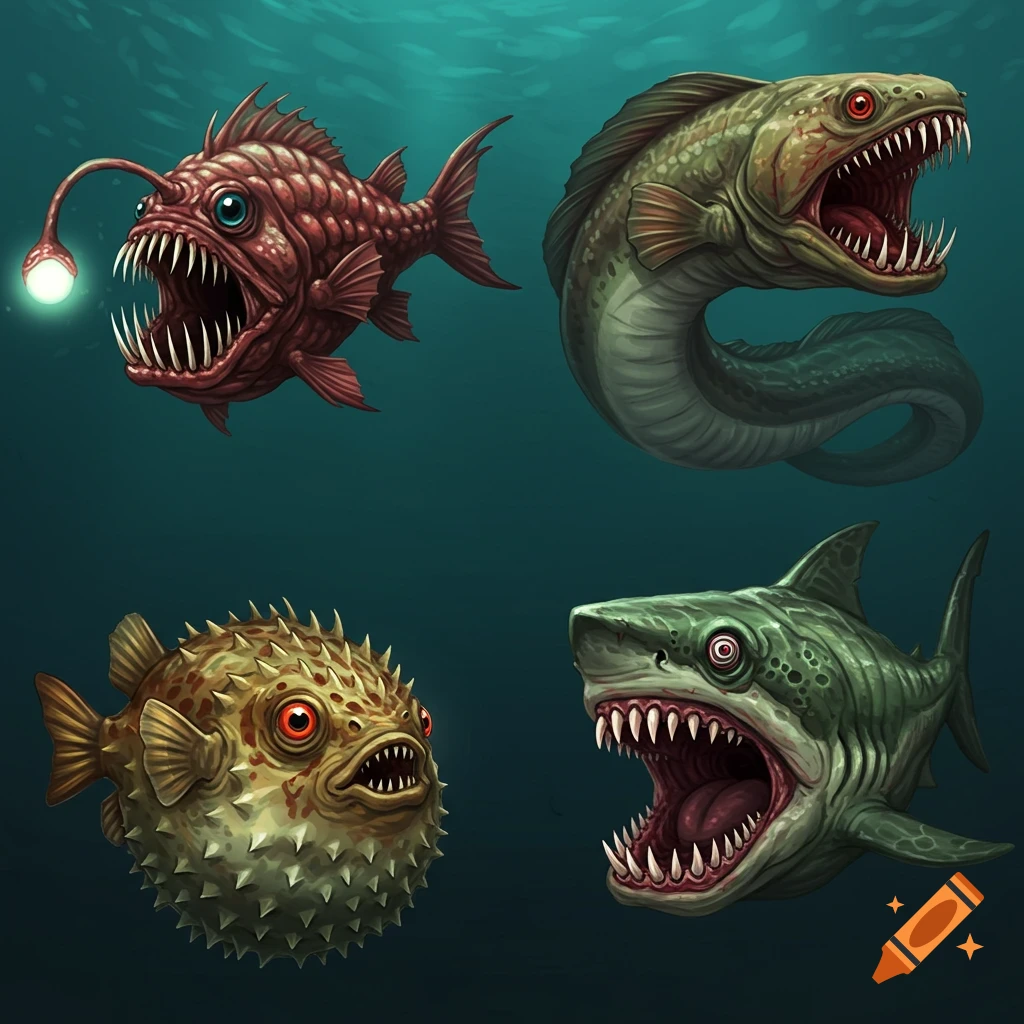 Four stylized, monstrous deep-sea fish, including an anglerfish, an eel-like creature, a pufferfish, and a shark, with sharp teeth and red eyes, in a dark blue underwater setting.