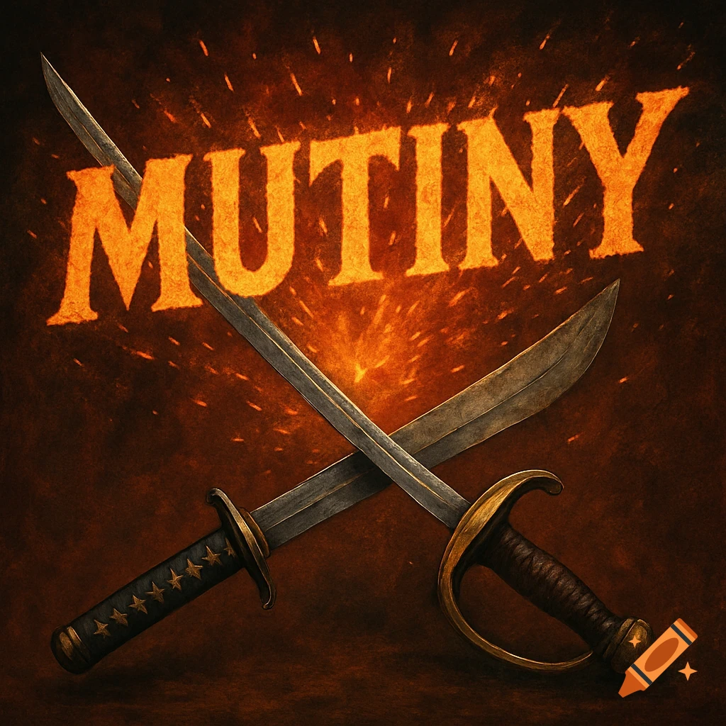 Two crossed swords, a katana and a pirate sword, with the word 'MUTINY' in orange exploding behind them on a dark background.