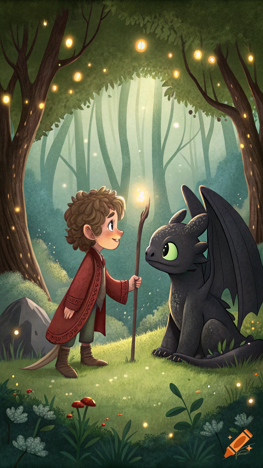 Whimsical illustration of a boy in a red coat holding a staff, facing a black dragon with green eyes in an enchanted forest with glowing lights.