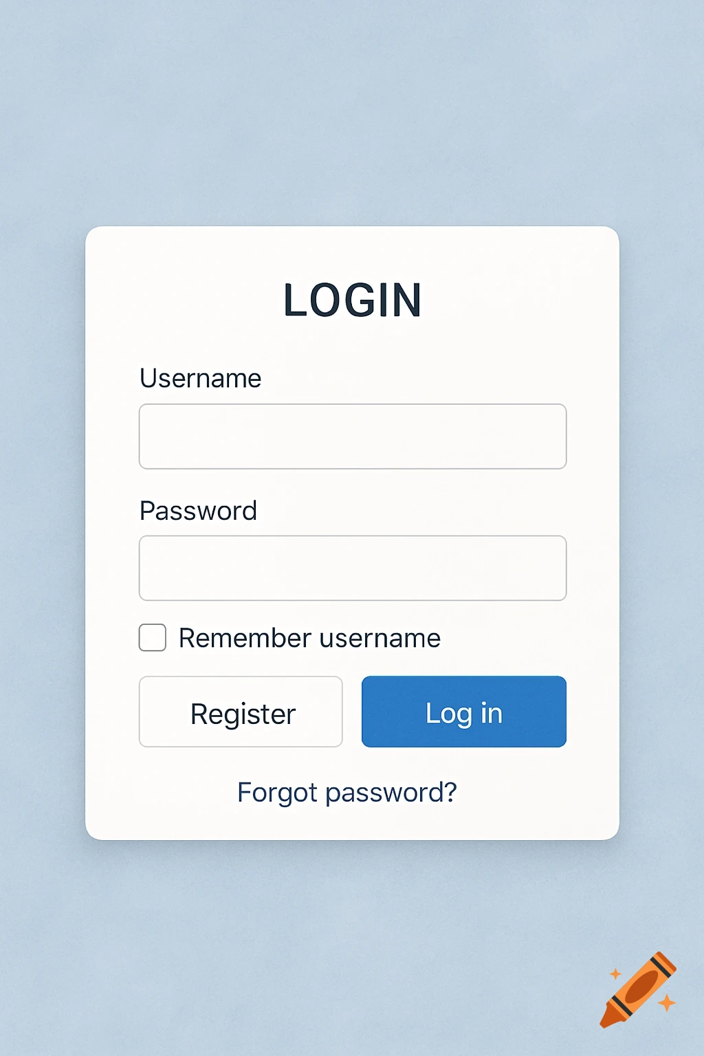 Modern white login form with username, password fields, 'Register' and 'Log in' buttons on a light blue background.