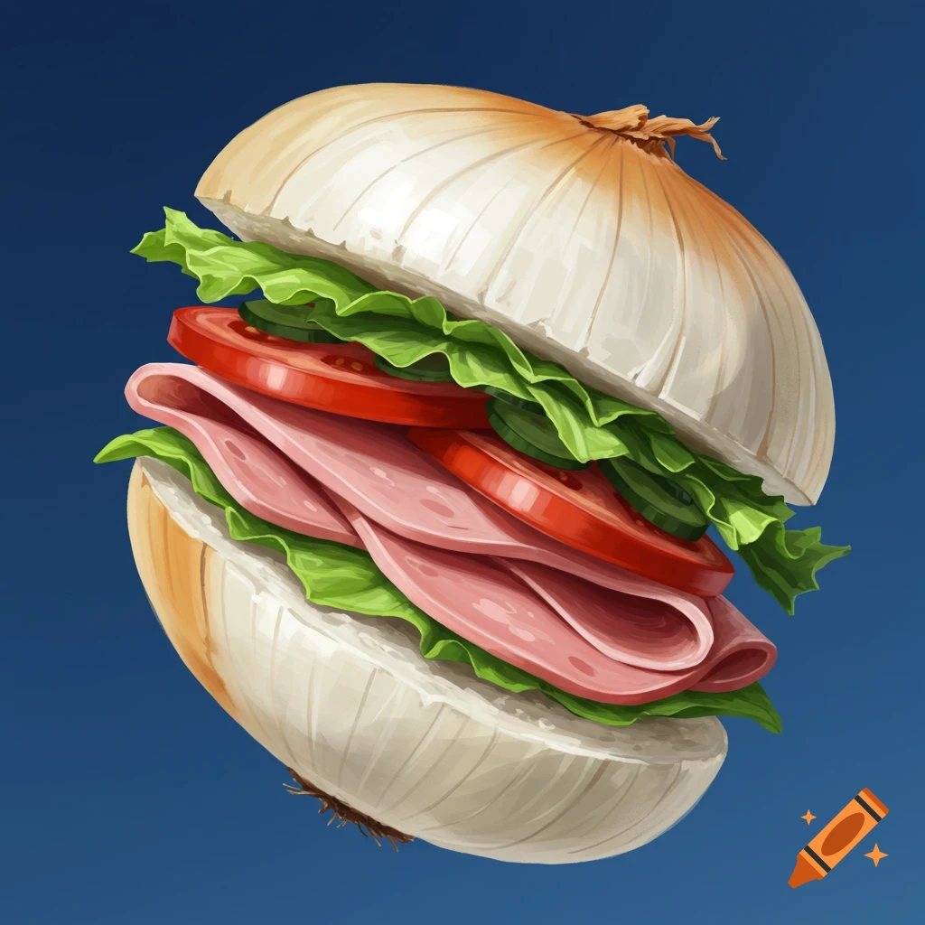 An illustration of a sandwich with onion halves as buns, filled with ham, lettuce, tomato, and cucumber slices, against a blue background.