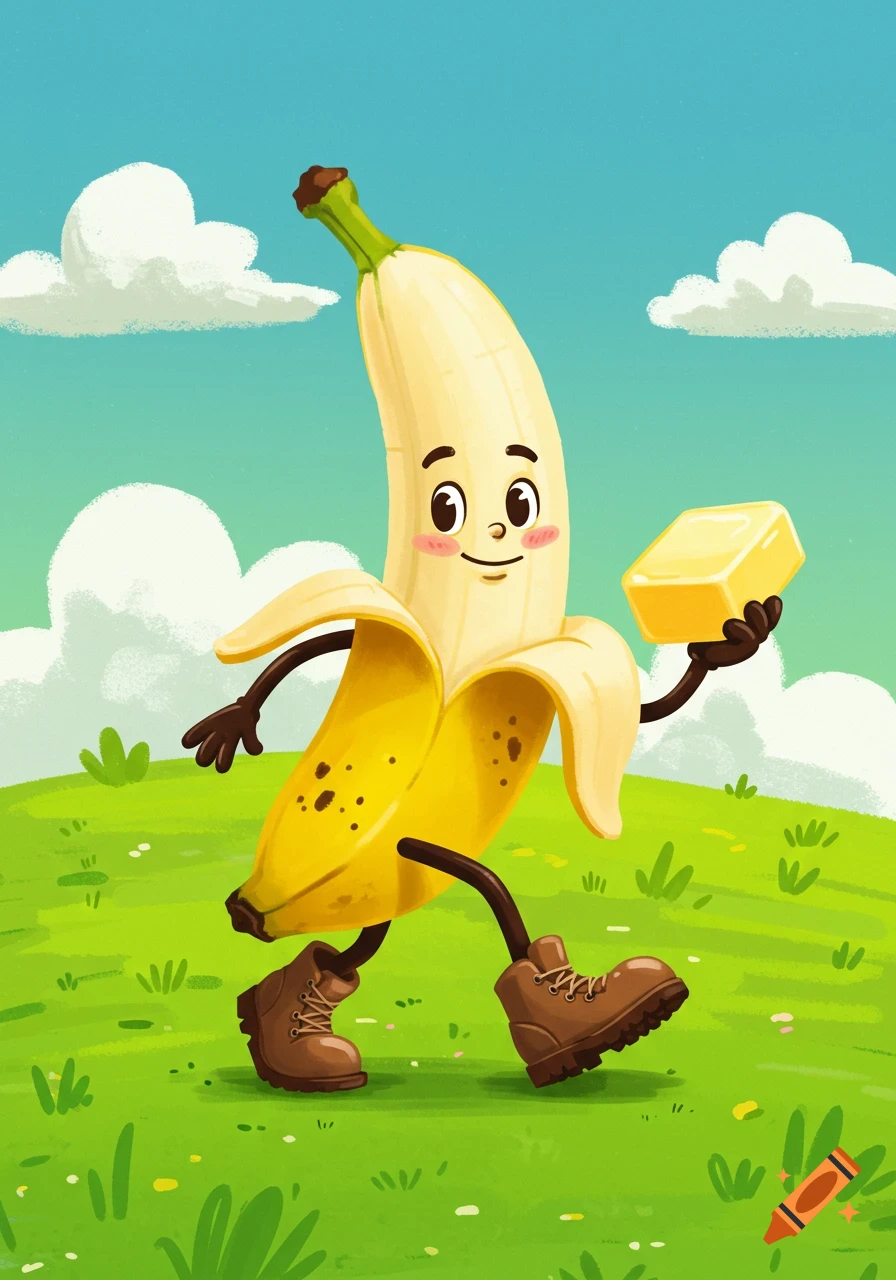 A cartoon banana character in hiking boots walks in a green field, holding a stick of butter.
