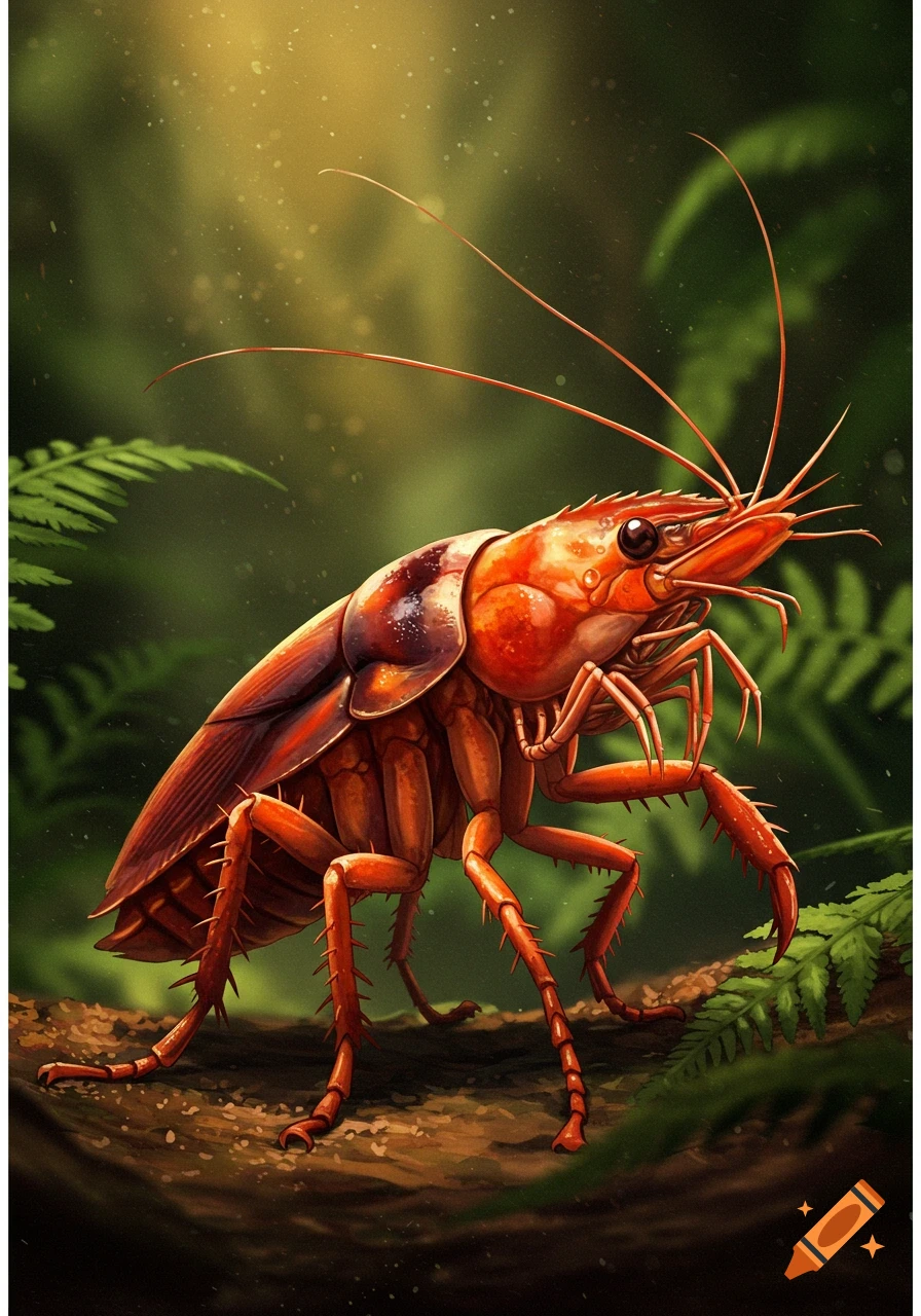 A large, orange and brown cockroach-shrimp hybrid creature with long antennae stands on a log in a green jungle.