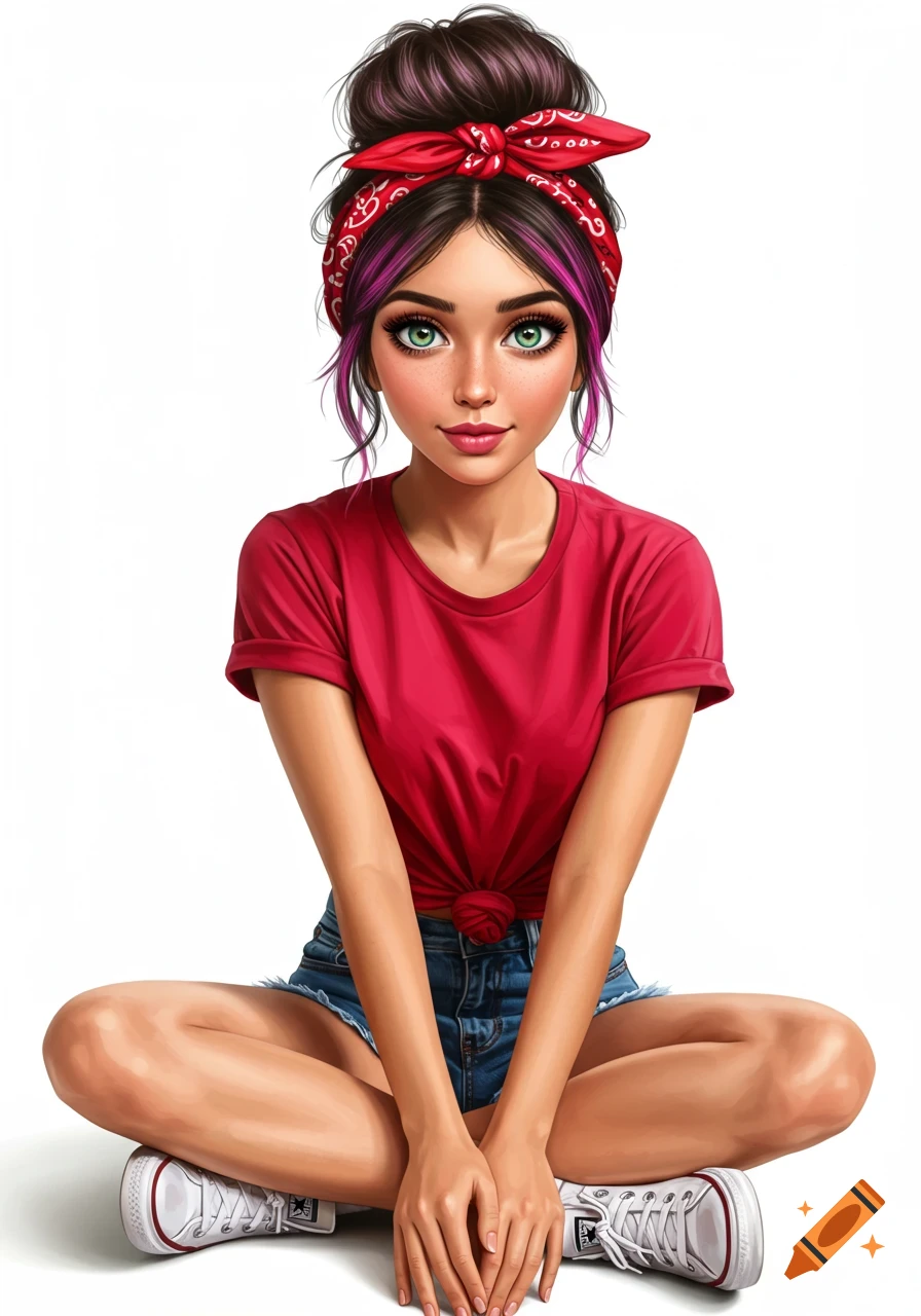 A stylized full-body portrait of a young woman with a messy bun, pink hair streaks, and a red bandana, wearing a red t-shirt, denim shorts, and white sneakers, sitting cross-legged against a white background.