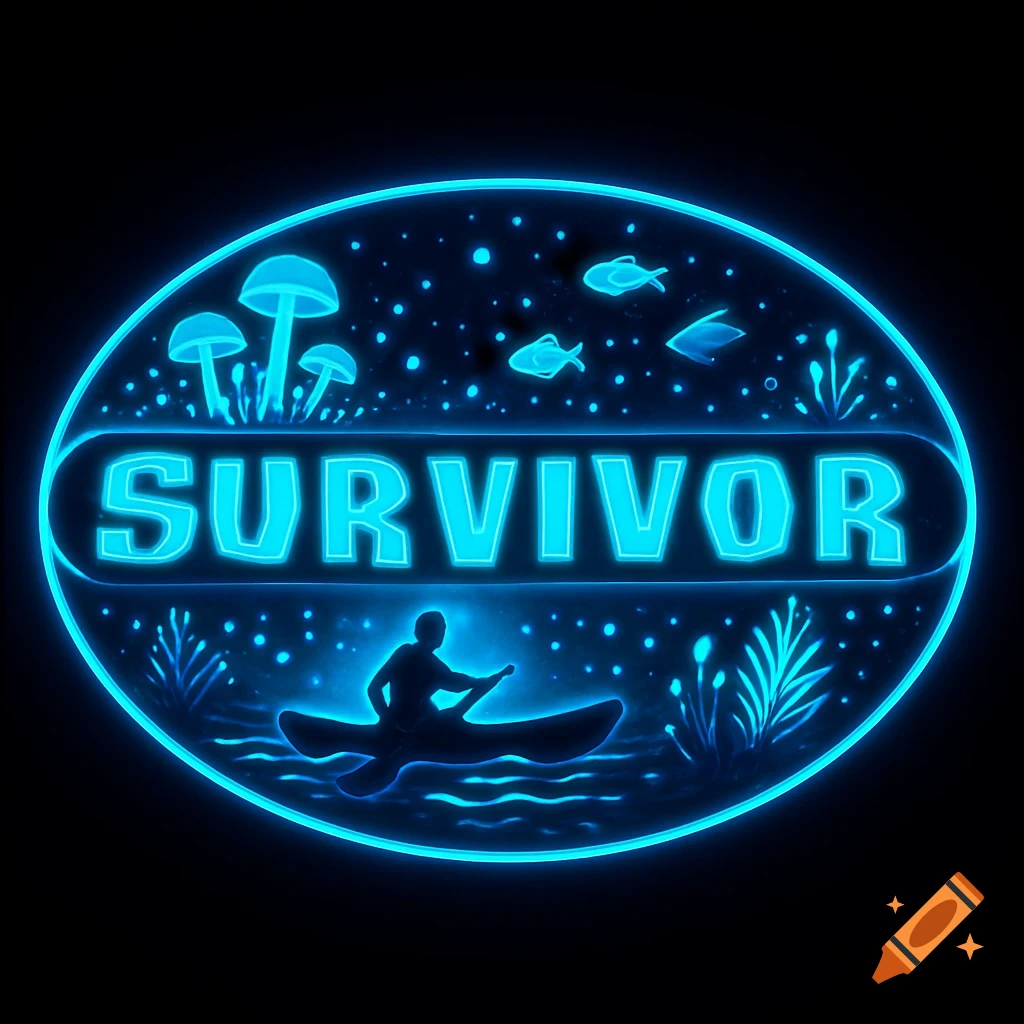 A glowing blue neon oval logo featuring the word "SURVIVOR" above a silhouette of a person paddling a canoe. The scene includes stylized mushrooms, fish, and plants, all in a bioluminescent style against a dark background.