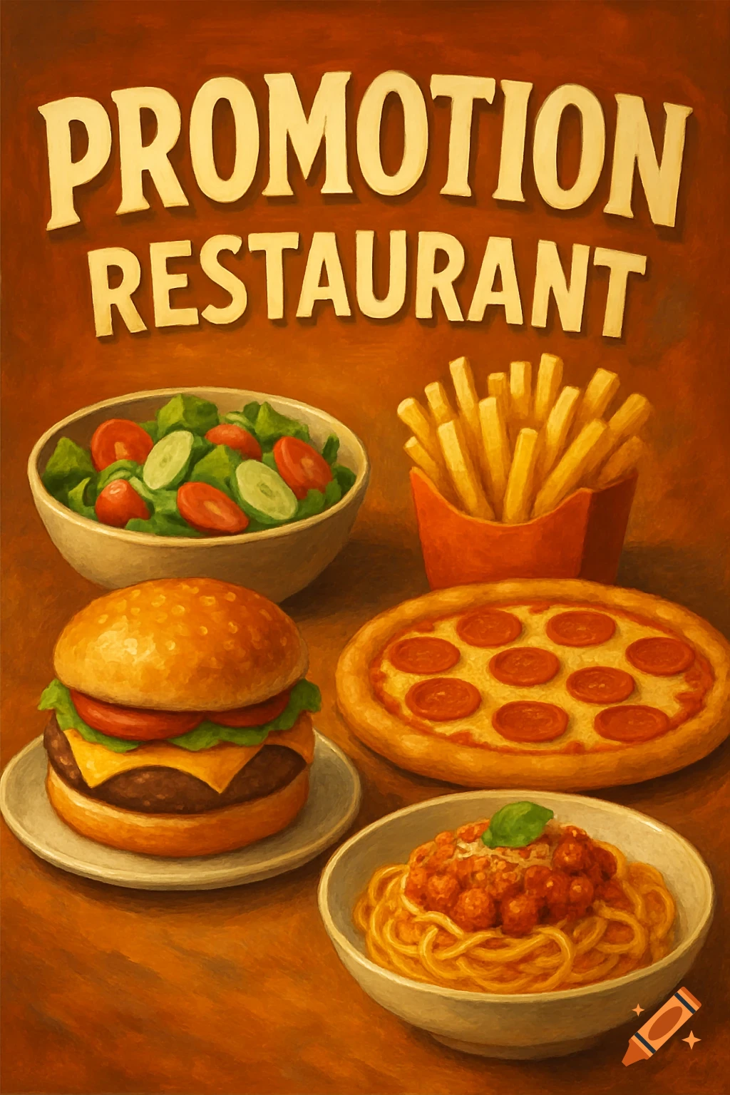 An illustration of various restaurant dishes including a burger, fries, salad, pizza, and spaghetti bolognese, with the words "PROMOTION RESTAURANT" at the top.