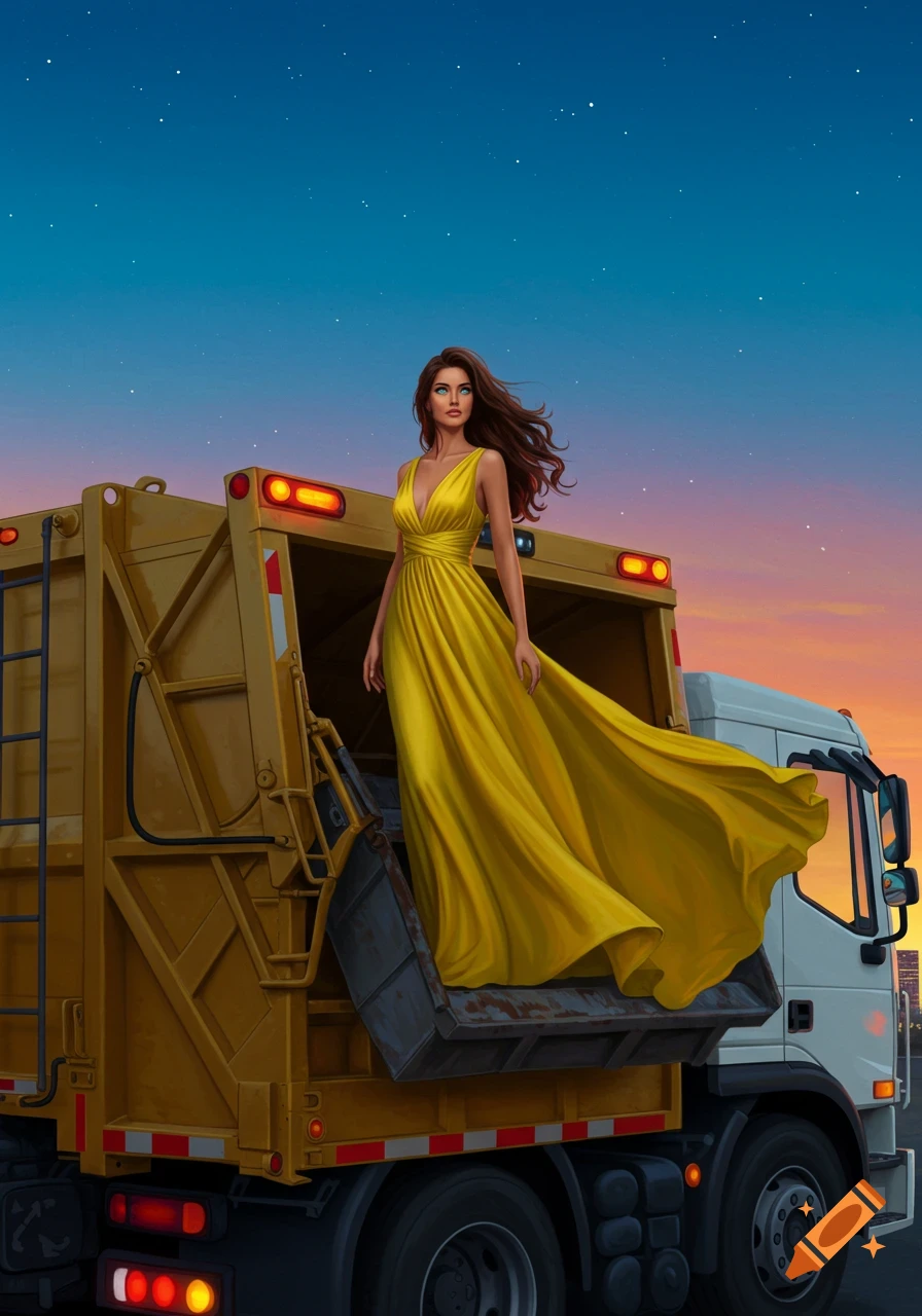 A woman in a flowing yellow dress stands atop a garbage truck at dusk, digital art.