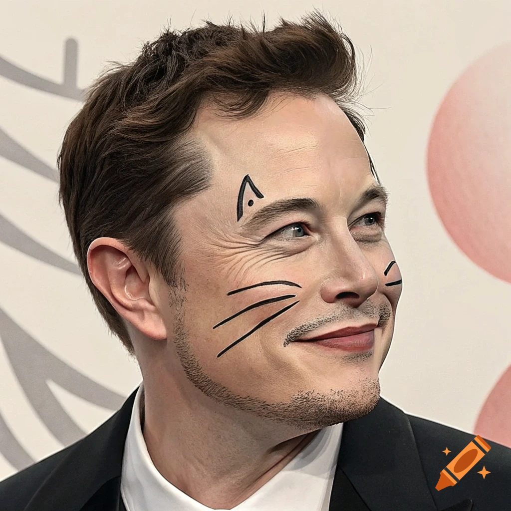 Elon Musk smiling, with black cat whiskers and ears painted on his face.
