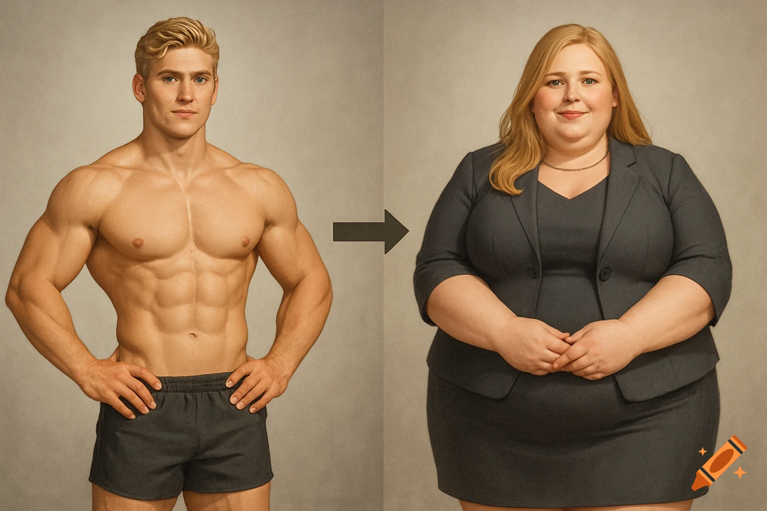 A photorealistic image of a muscular blonde man in shorts on the left, an arrow pointing to an overweight blonde woman in a gray dress suit on the right.