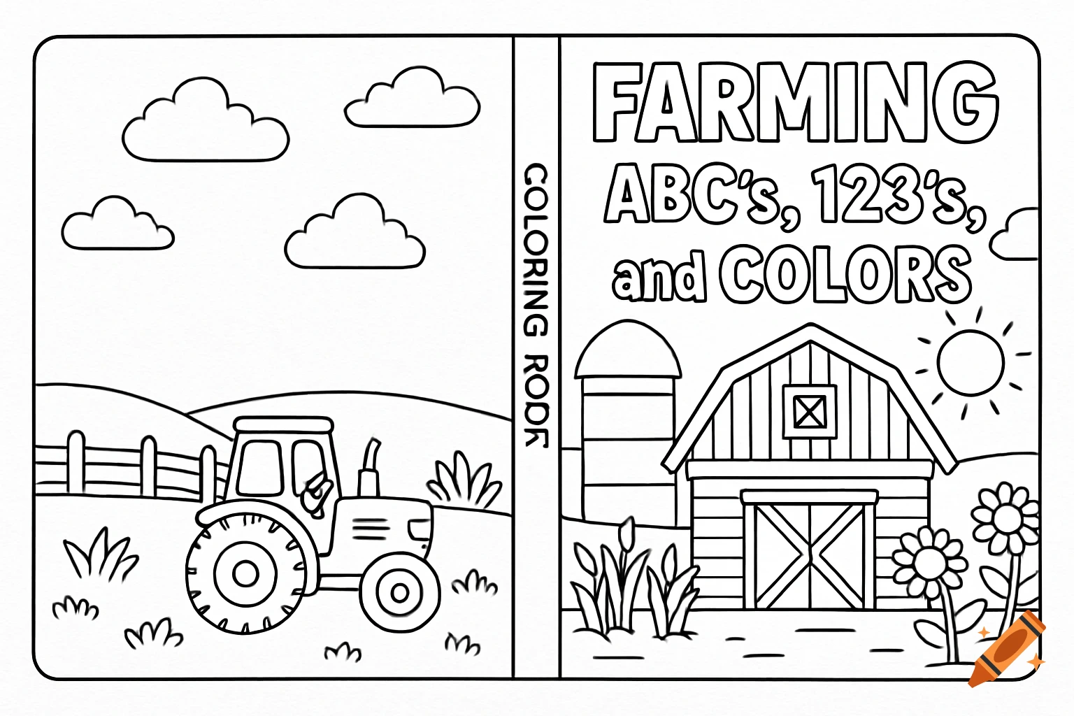 Black and white farm-themed coloring book cover. The back shows a tractor, while the front features a barn and silo with the title 'FARMING ABC's, 123's, and COLORS'.