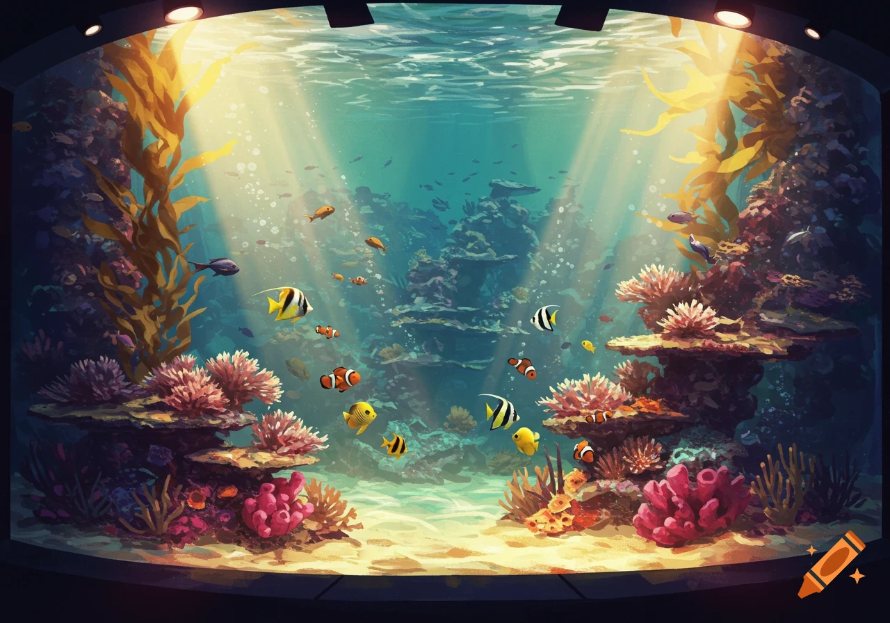 An illuminated aquarium showcasing colorful fish, coral, and kelp in an underwater scene, with light rays from above.