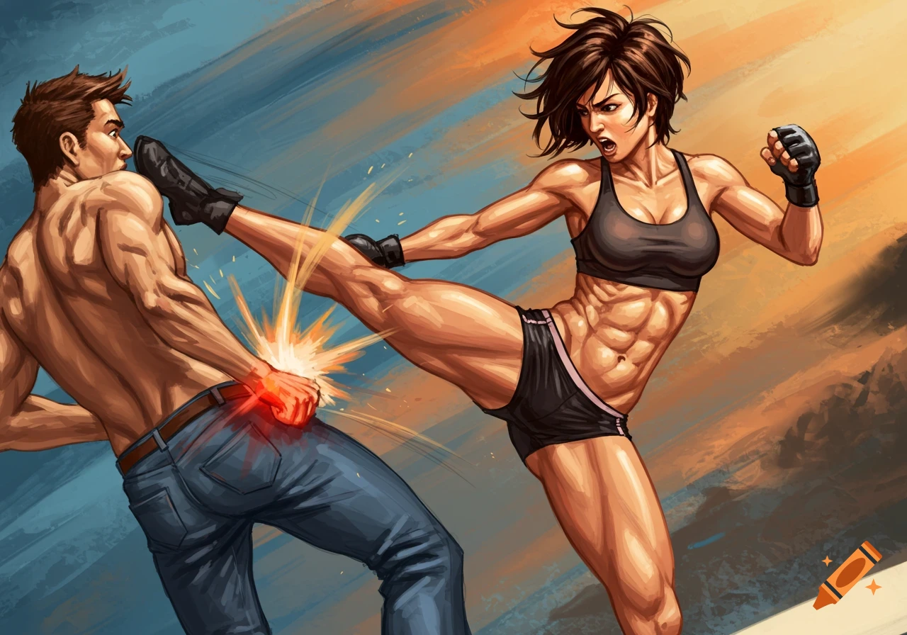 A powerful comic book illustration of an athletic woman in a sports bra and shorts delivering a kick to a man's groin.