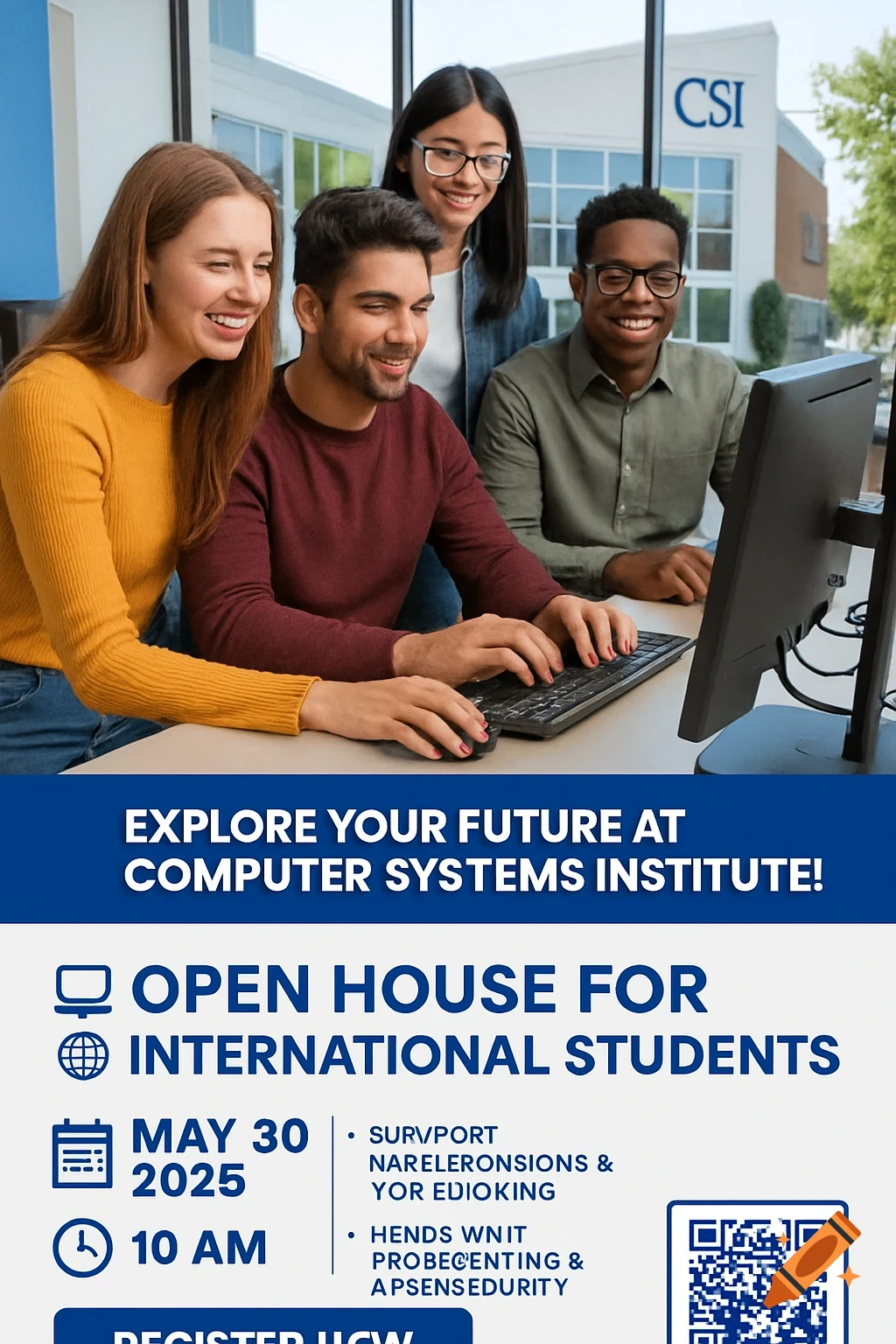 Flyer showing diverse students in a computer lab with text advertising an open house for Computer Systems Institute.