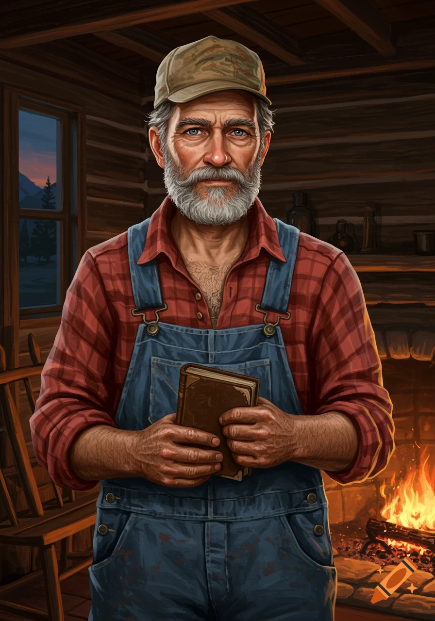 A portrait of an older man with a gray beard and camouflage cap, wearing a red plaid shirt and blue overalls, holding a book inside a rustic wooden cabin by a fireplace.