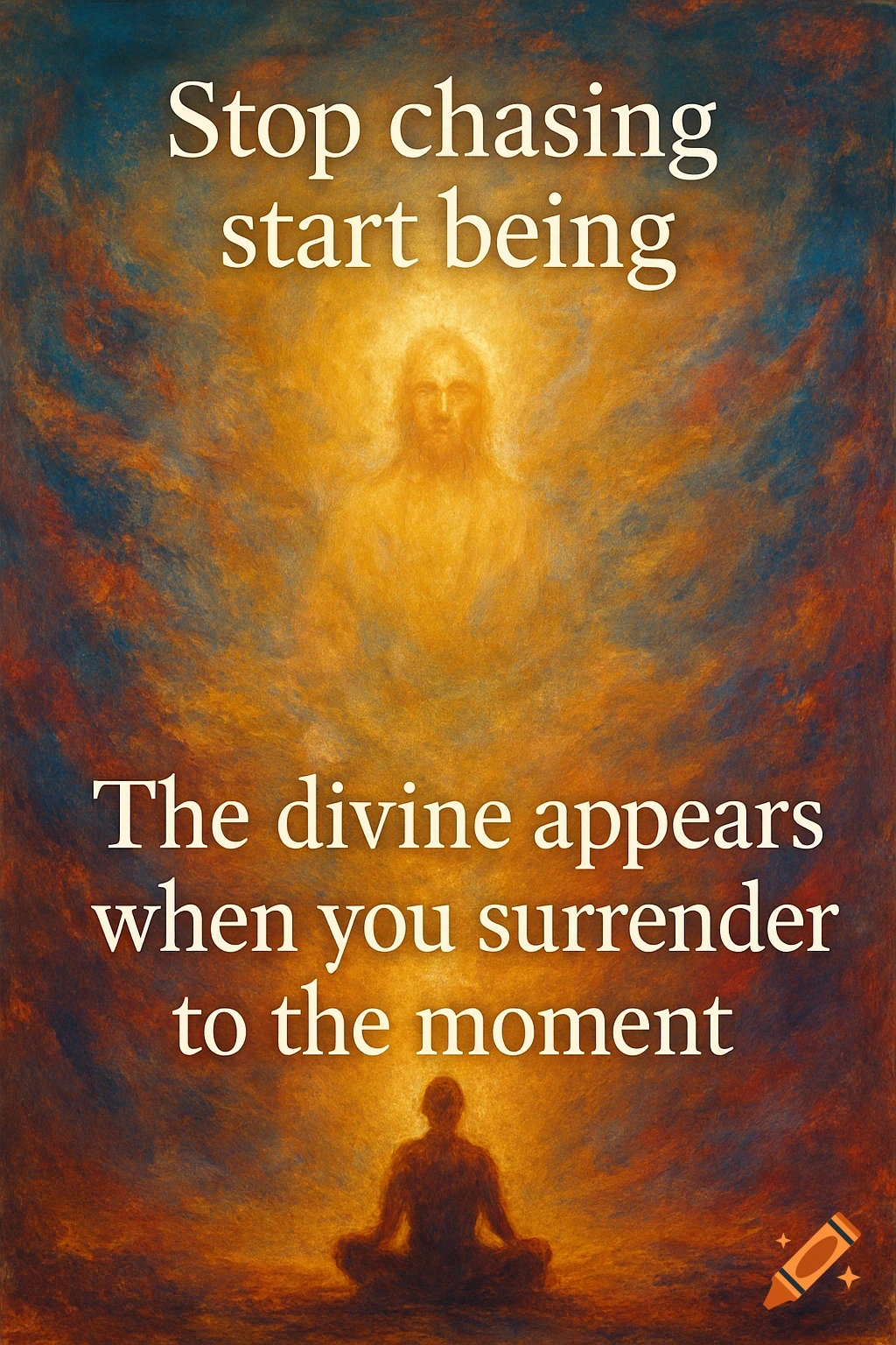 Ethereal painting with a glowing Christ-like figure above a meditating silhouette, with spiritual quotes in white text.