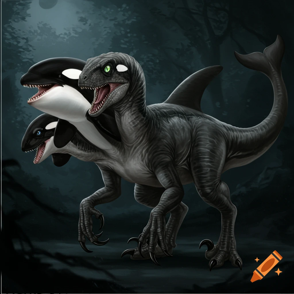 A dark gray velociraptor with green eyes, black and white orca patterns, a dorsal fin, and a whale tail, with two orca heads emerging from its chest.