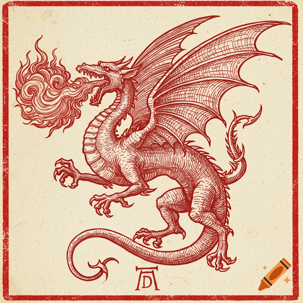 Red line art of a winged dragon breathing fire, in the style of an Albrecht D r woodcut on a textured background with a red border.
