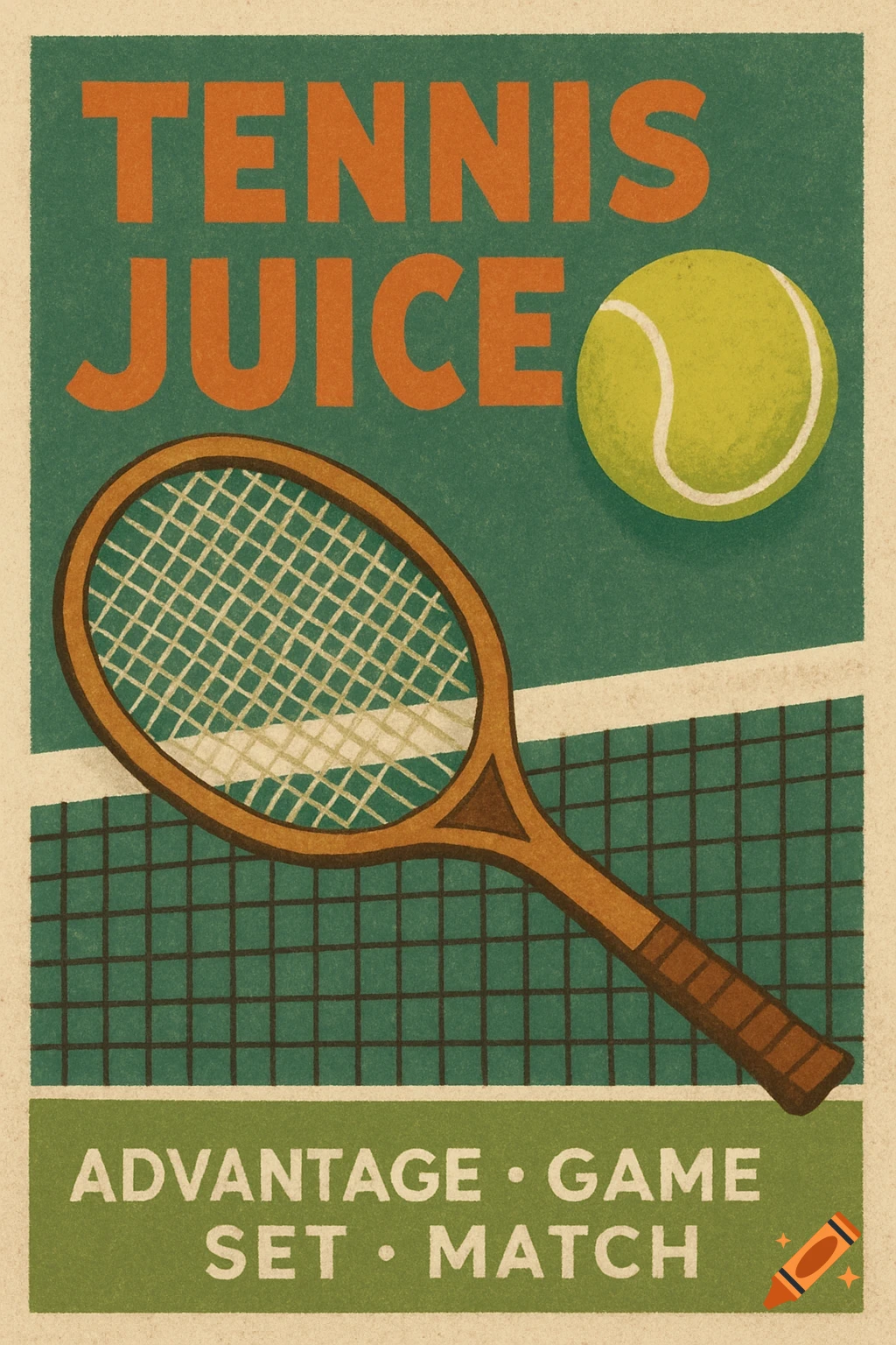 A retro-style tennis poster with a racket, ball, and net, featuring text 'TENNIS JUICE ADVANTAGE GAME SET MATCH'.