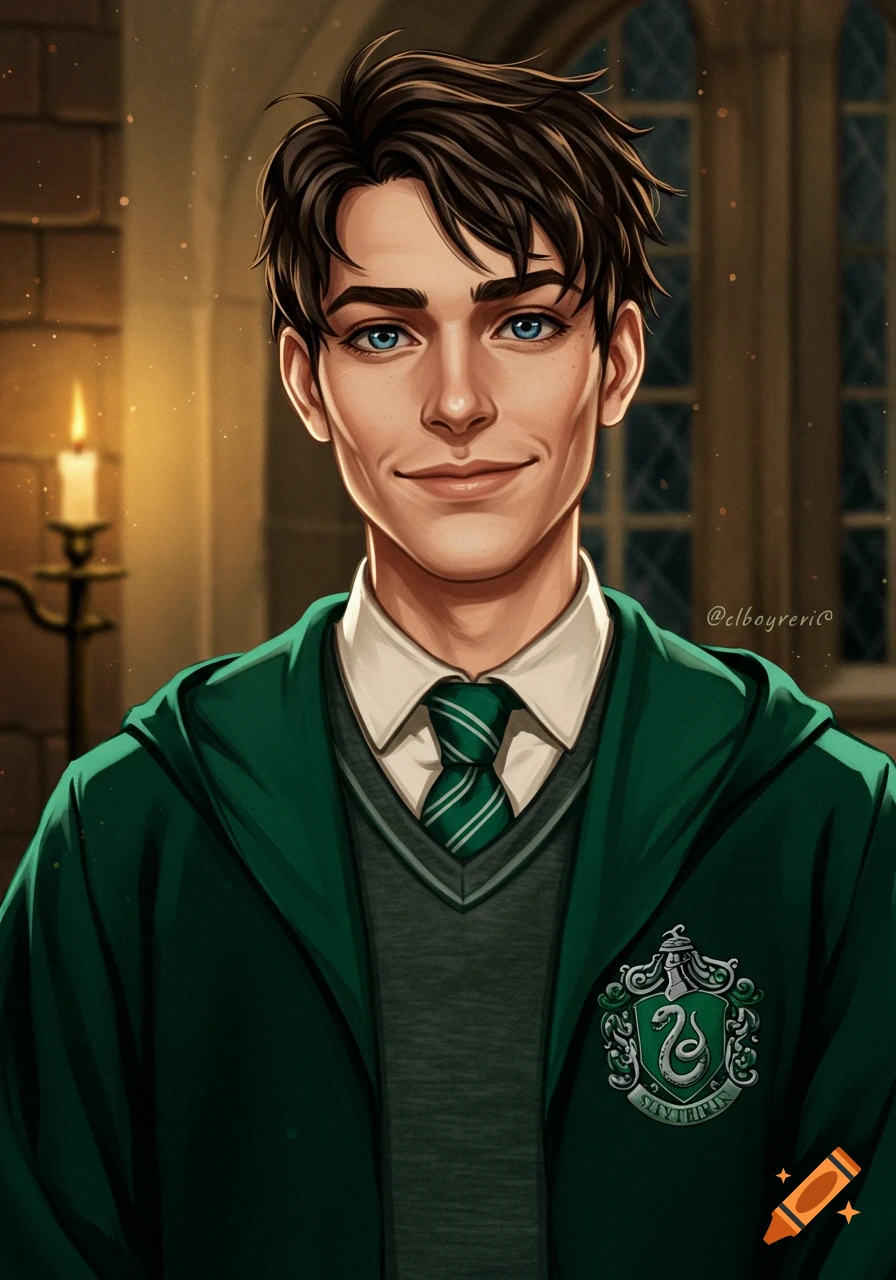 Digital painting of a young man with dark hair and blue eyes, smiling in Slytherin robes in a wizarding school setting.