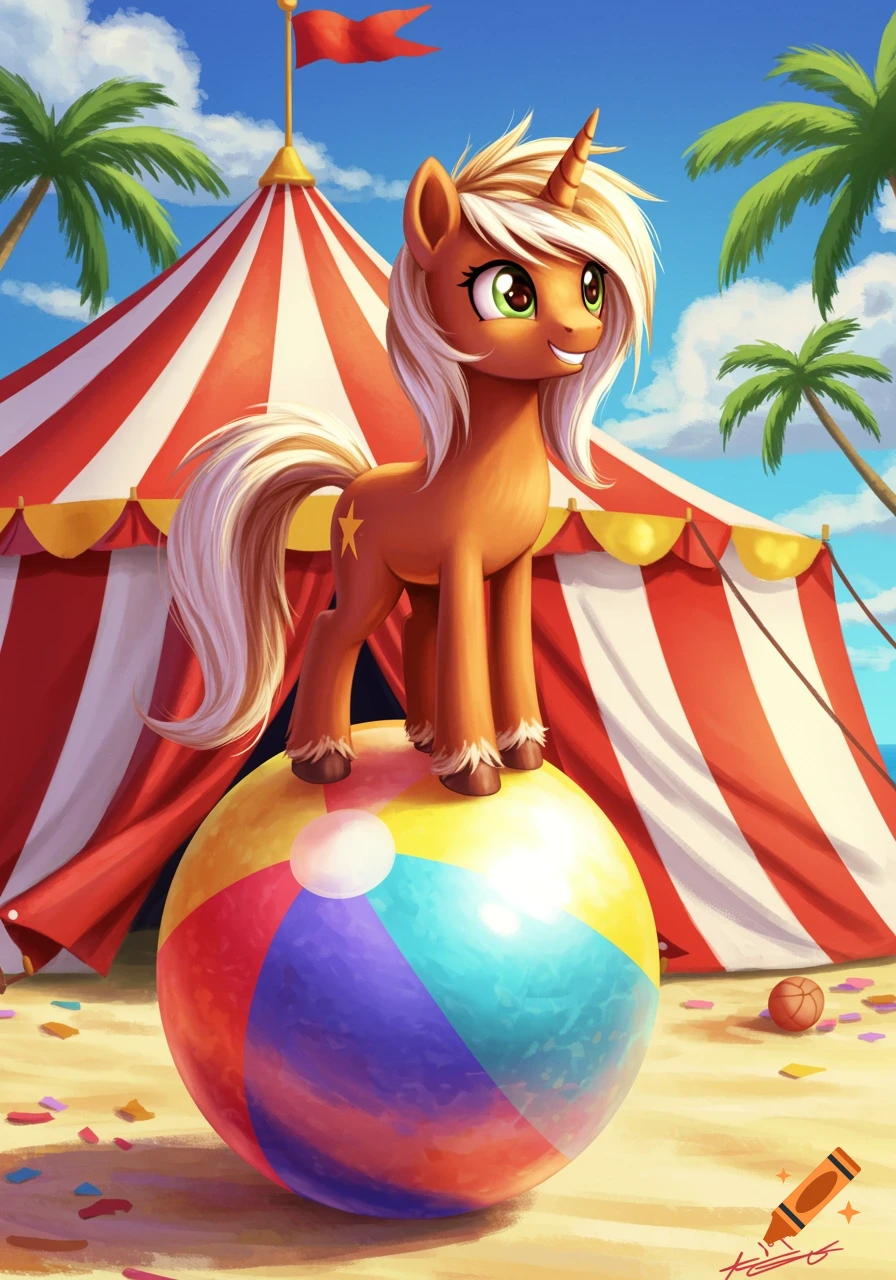 A cartoon pony with a star on its hip stands on a colorful beach ball in front of a red and white striped circus tent on a sunny beach.