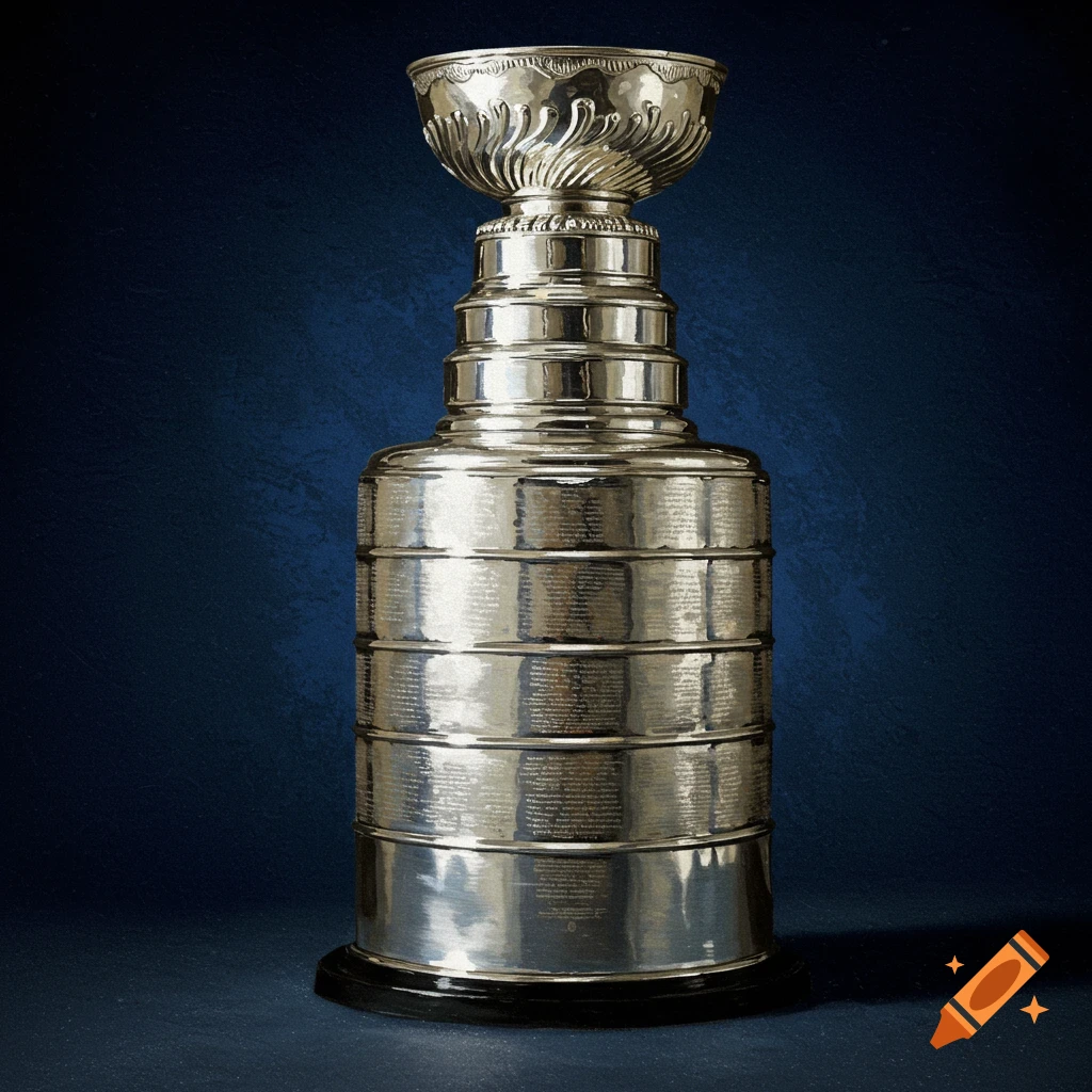A photorealistic image of the Stanley Cup trophy against a dark blue background.