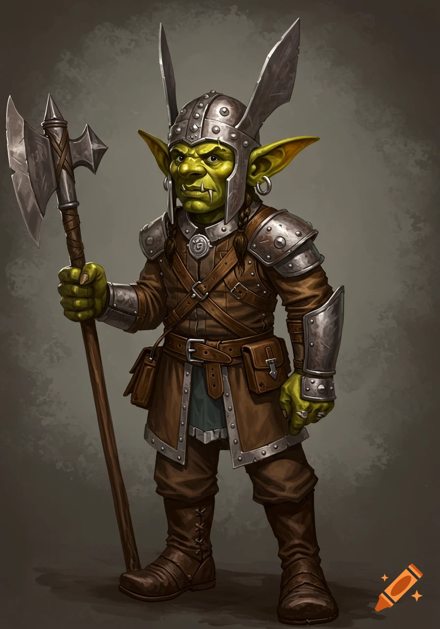 A green-skinned goblin warrior wearing studded leather armor and a horned helmet, holding a battle axe.