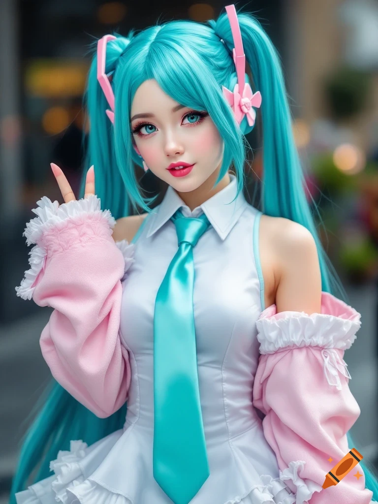 A photorealistic portrait of a woman with long aqua pigtails, wearing a white and pink outfit with a teal tie, making a peace sign.