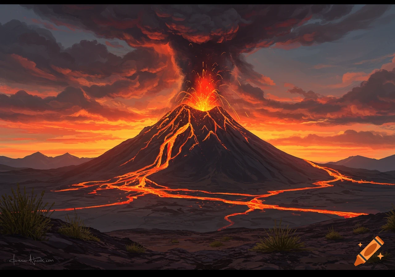 A dramatic painting of a volcano erupting at sunset, with bright orange lava flowing down its dark slopes under a fiery sky.