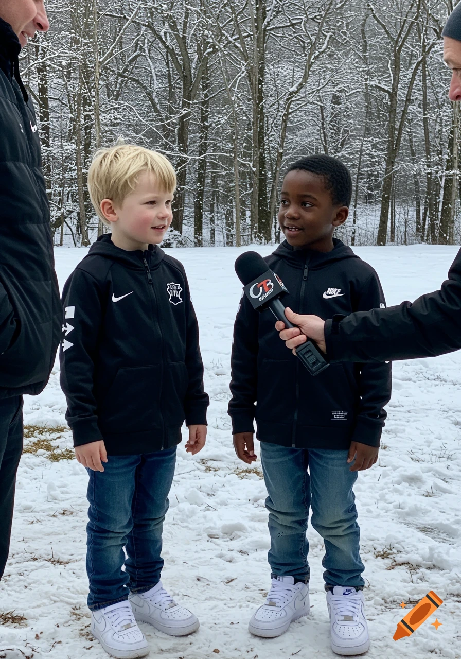 Two young boys, one white with blonde hair and one black, are interviewed in a snowy outdoor setting, wearing black jackets and jeans.
