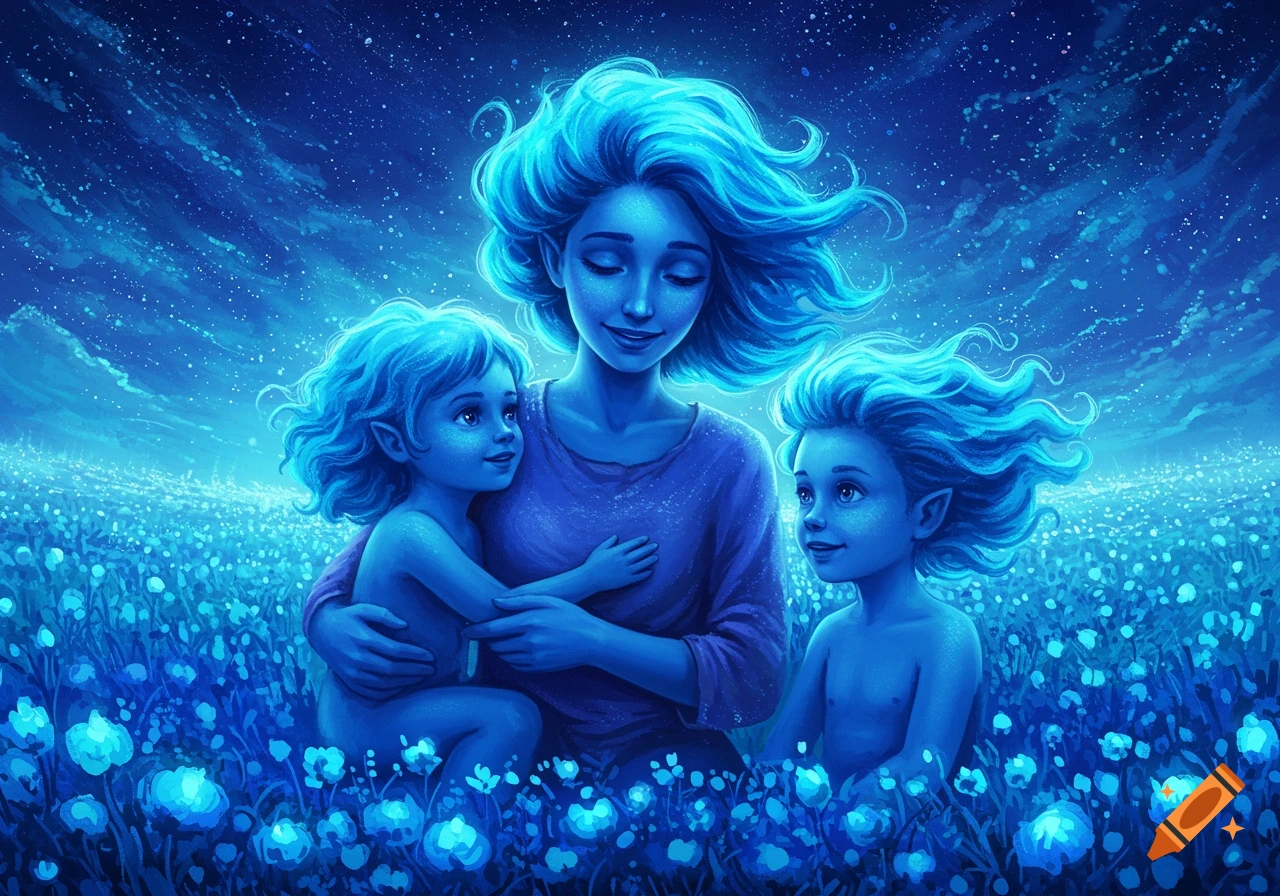 Ethereal illustration of a blue-skinned mother and two children in a field of glowing blue flowers under a starry night.